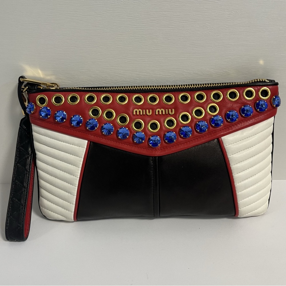 Miu Miu Nappa Biker Cry Vintage Rare red blue and white Studded Quilted Clutch✨ - Picture 4 of 10